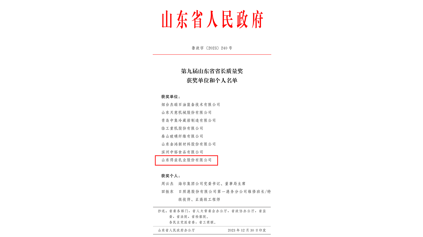 第九届山东省省长质量奖