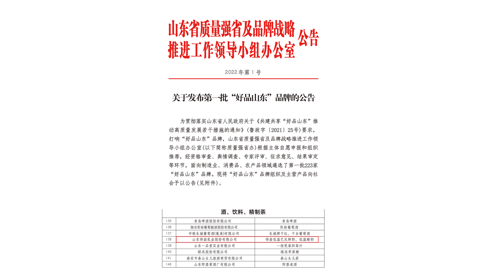 第一批好品山东唯一入选乳制品品牌
